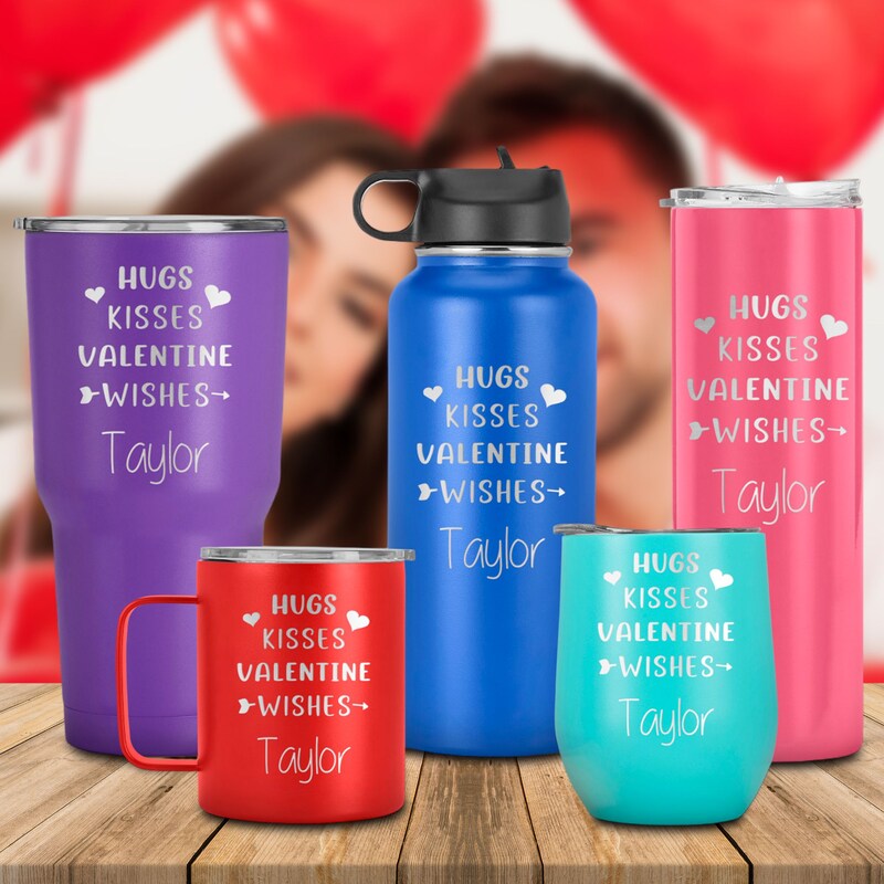 Personalized Hugs Kisses Valentine Wishes Engraved Tumbler Valentine Gifts for Girlfriend, Boyfriend, Wife, Husband and Couples, Love Gifts